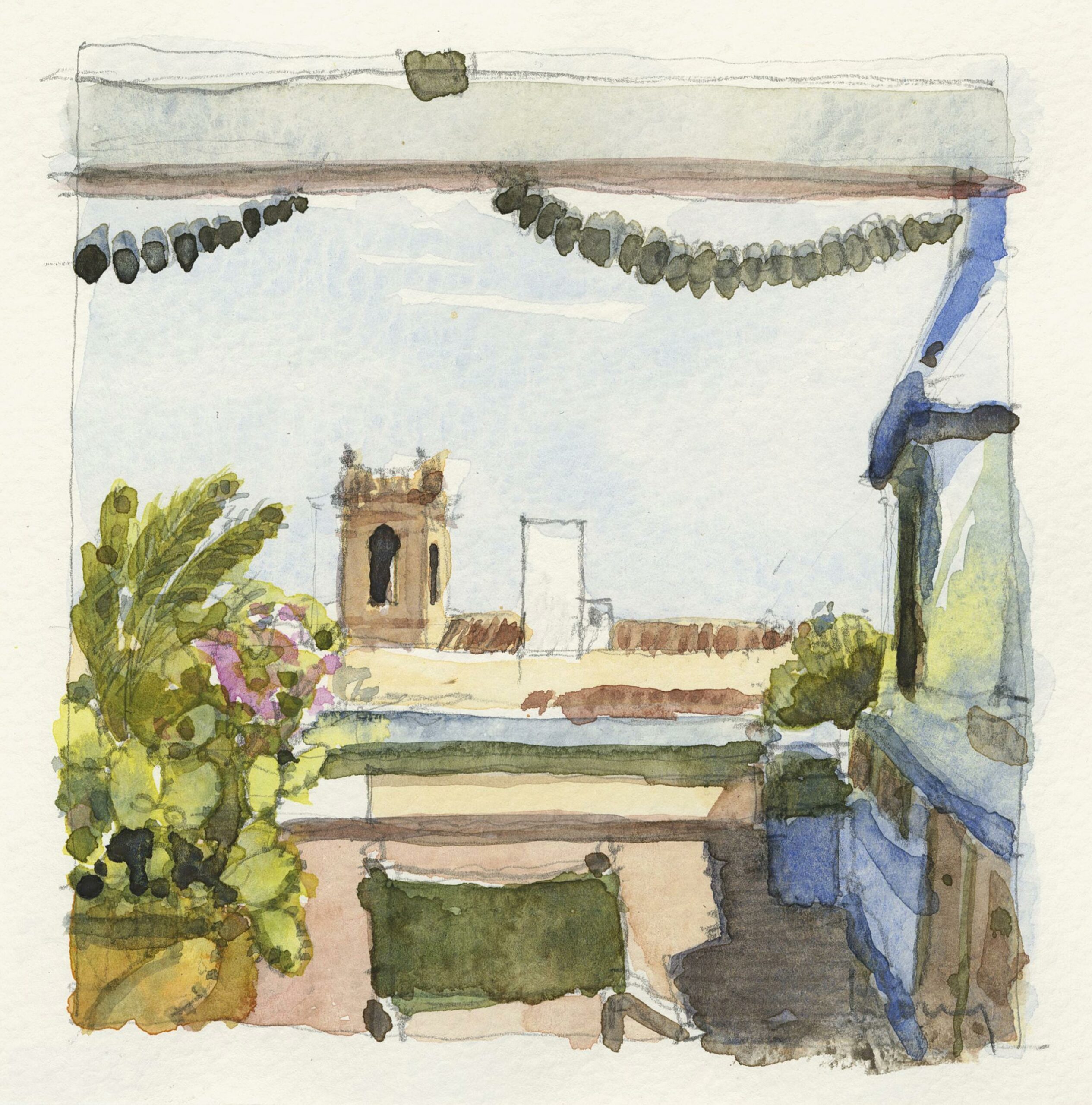 Laurent LETOURMY, View of a bell tower from a terrace, Ciutadella, Menorca, Aquarelle, traits et encadrement au crayon noir, Galerie Paul Prouté Paris