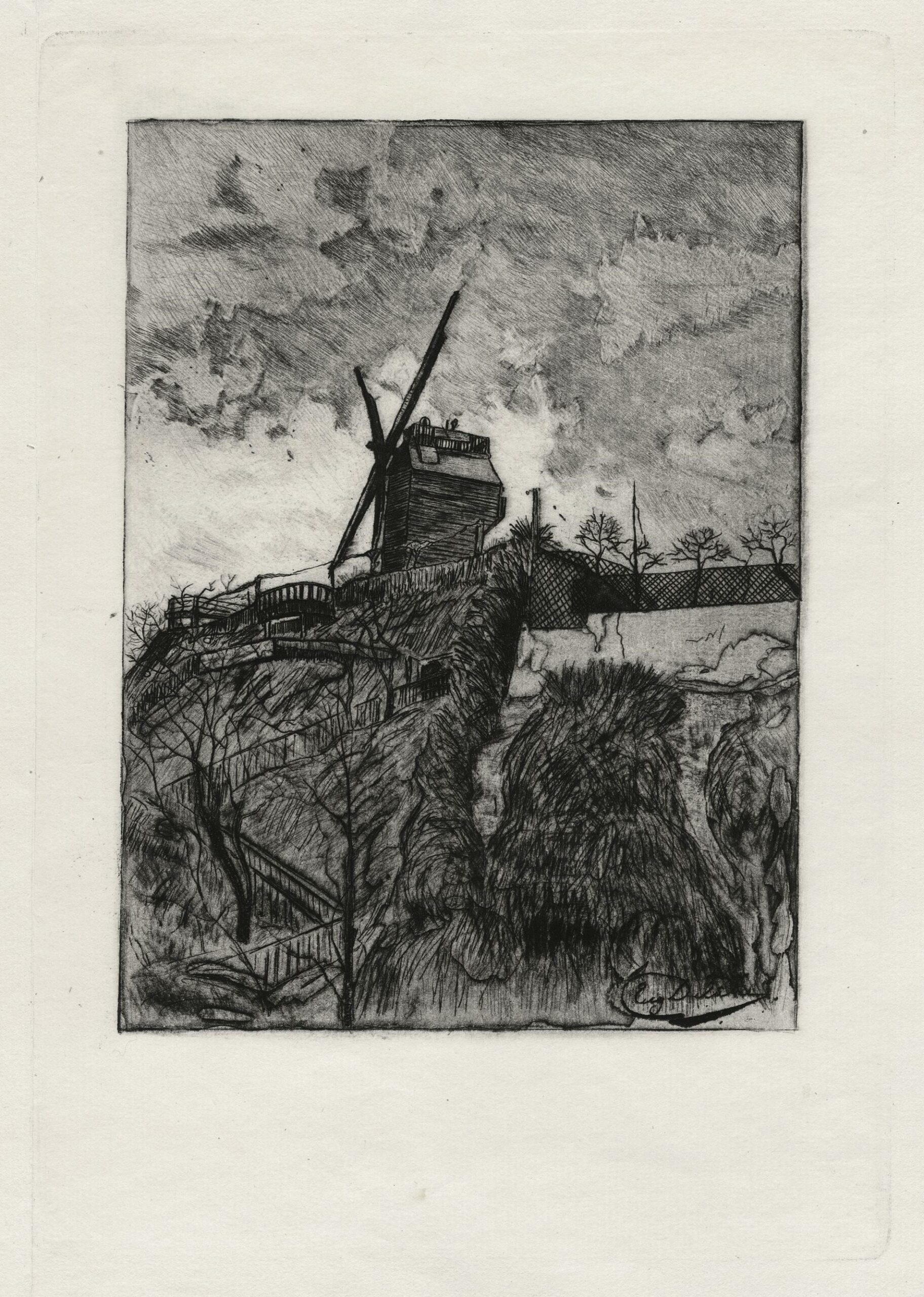 Eugène DELÂTRE, Le Moulin Debray (Montmartre), Gravure originale à l&rsquo;eau-forte, Galerie Paul Prouté Paris