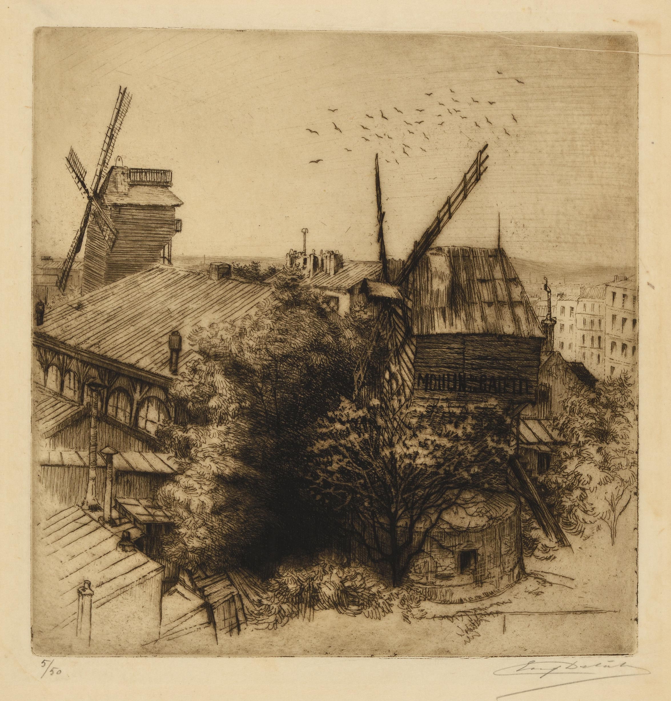 Eugène DELÂTRE, Le Moulin de la Galette (Montmartre), Gravure originale à l&rsquo;eau-forte, Galerie Paul Prouté Paris