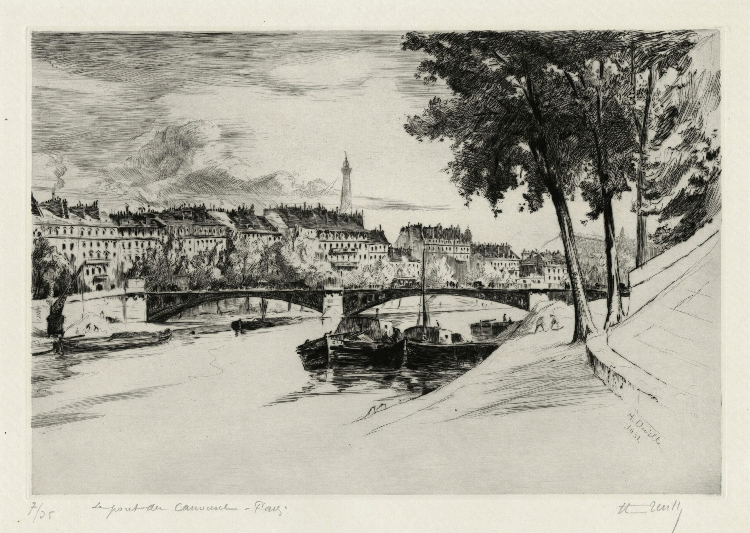 Henry-Wilfrid DEVILLE, Le pont du Carrousel, 1931, Gravure originale à la pointe sèche, Galerie Paul Prouté Paris