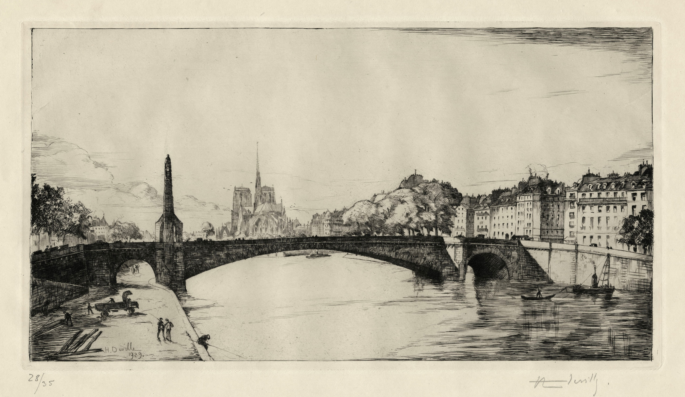 Henry-Wilfrid DEVILLE, Le pont de la Tournelle, 1929, Gravure originale à la pointe sèche, Galerie Paul Prouté Paris