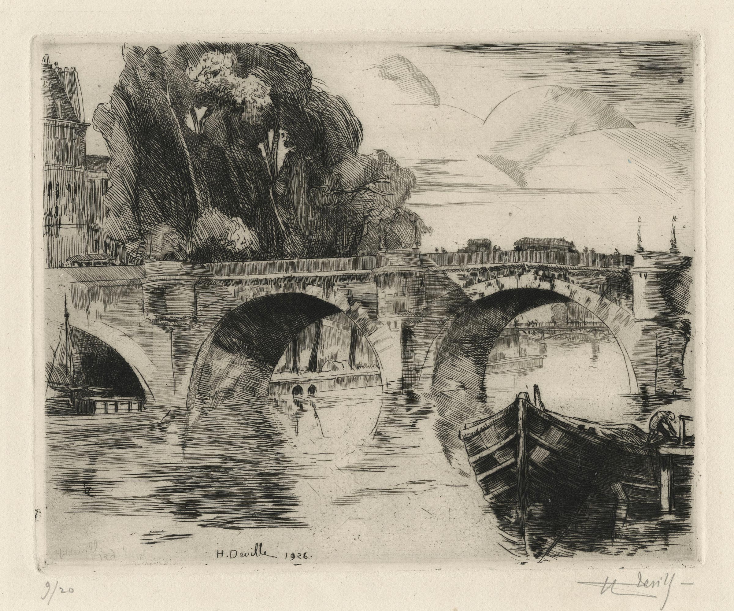 Henry-Wilfrid DEVILLE, Le pont Neuf au petit bras de la Seine, 1926, Gravure originale à la pointe sèche, Galerie Paul Prouté Paris