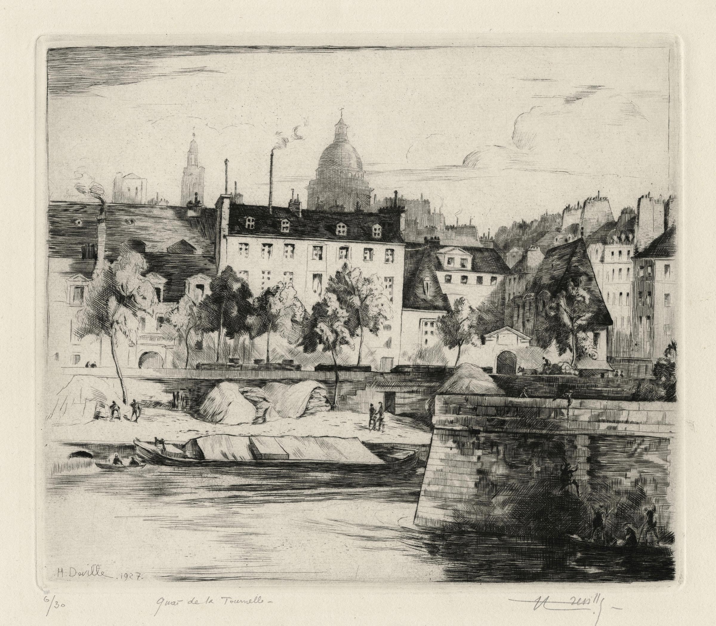 Henry-Wilfrid DEVILLE, Le Quai de la Tournelle, 1927, Gravure originale à la pointe sèche, Galerie Paul Prouté Paris