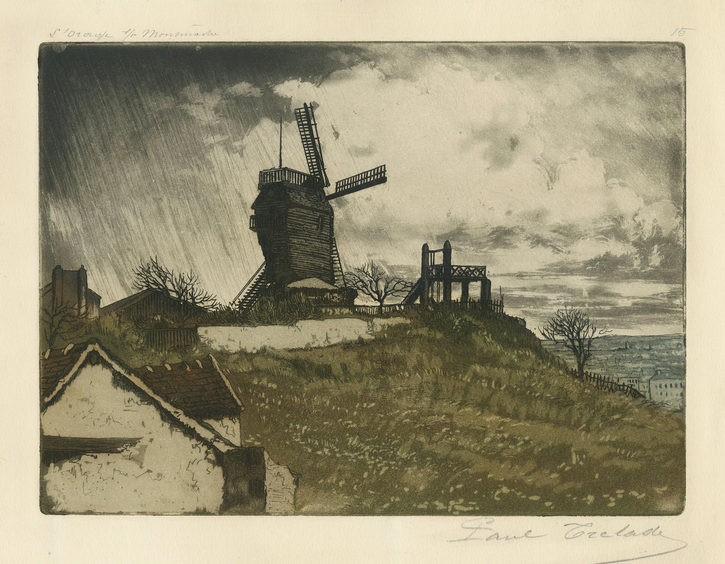 Eugène PAUL dit GEN PAUL, L’orage sur Montmartre, 1920, Gravure originale à l&rsquo;eau-forte et aquatinte en couleurs, Galerie Paul Prouté Paris