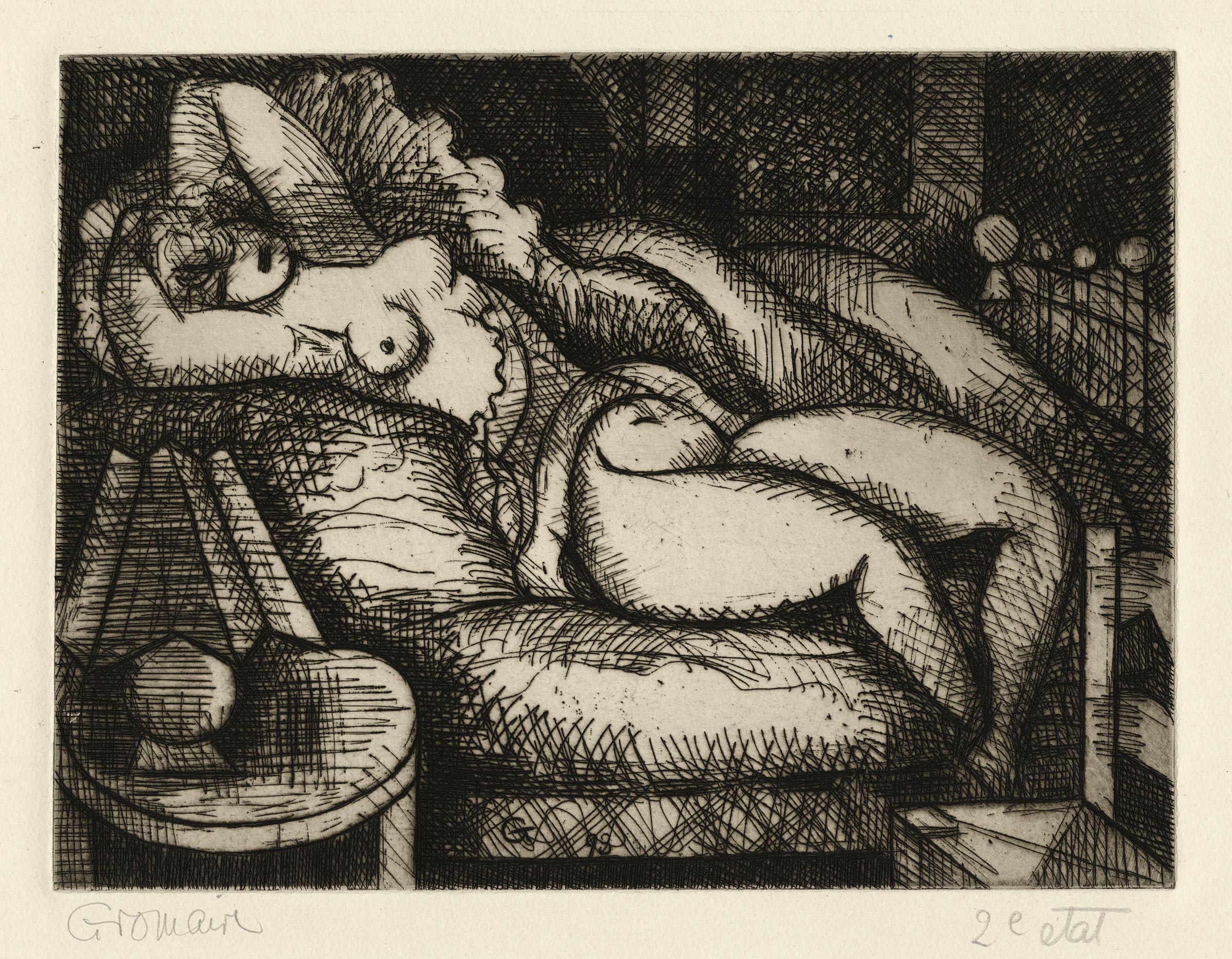 Marcel GROMAIRE, Nu sur un lit, 1930, Gravure originale à l&rsquo;eau-forte, Galerie Paul Prouté Paris