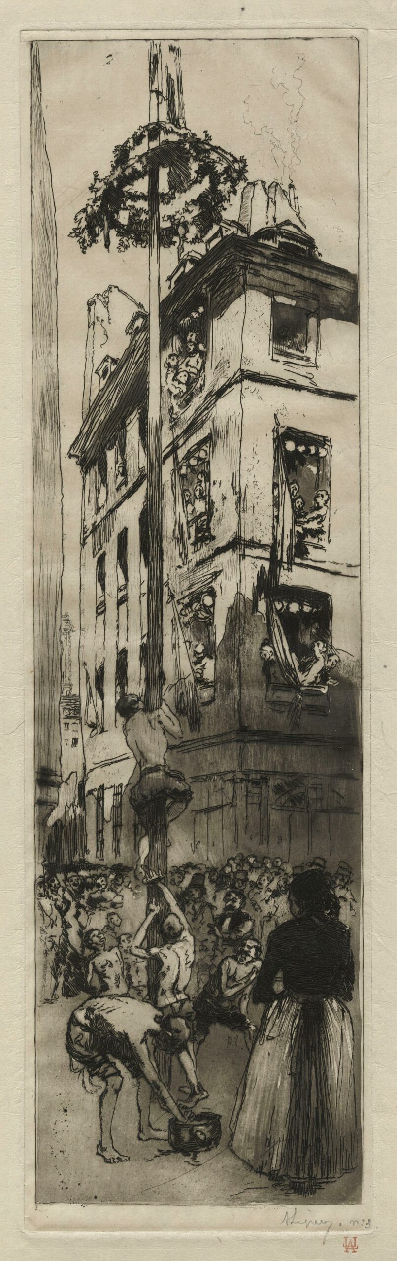 Auguste LEPÈRE, Un 14 Juillet, rue Galande, le Mât de Cocagne, 1891, Gravure originale à l&rsquo;eau-forte et aquatinte, Galerie Paul Prouté Paris