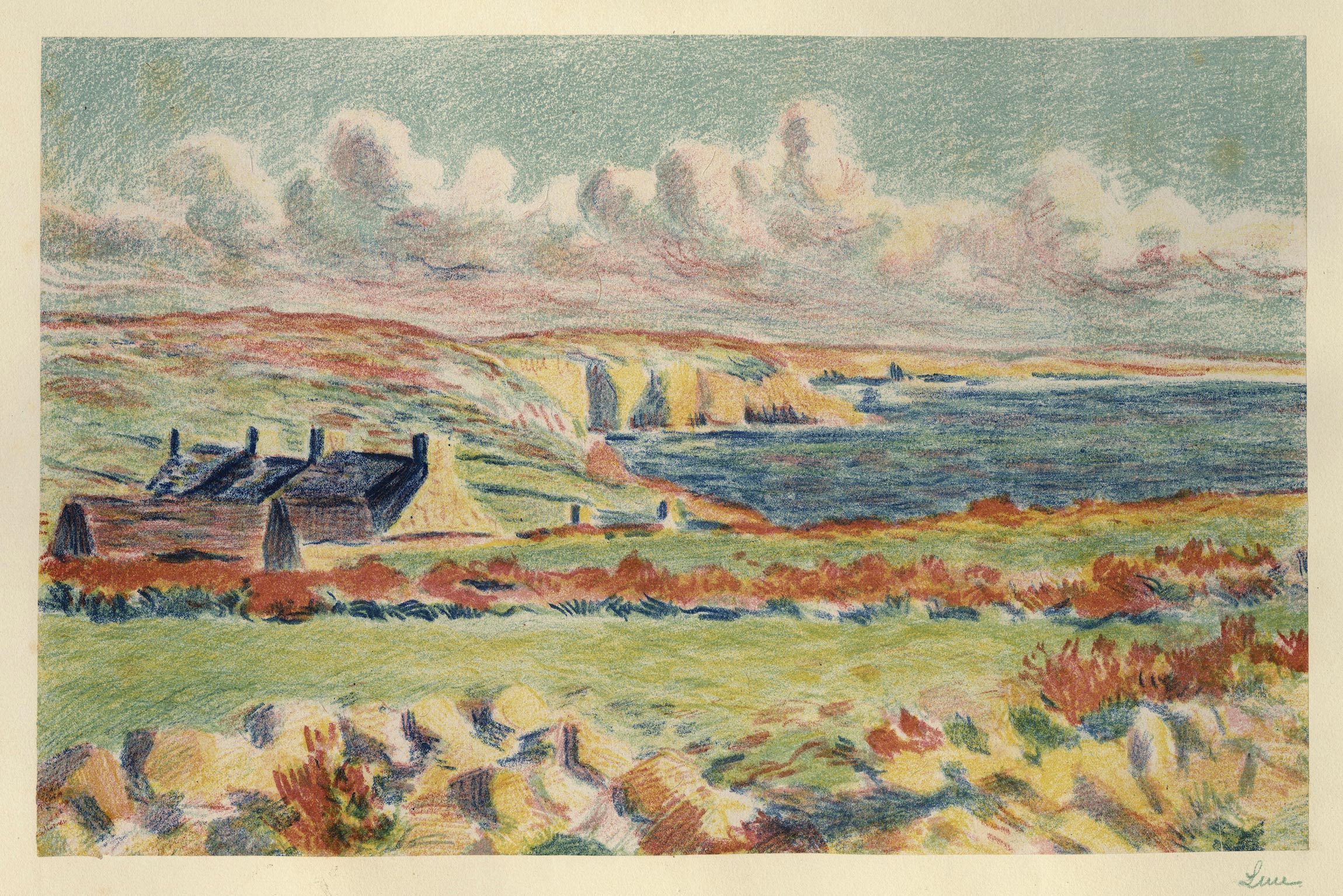 Maximilien LUCE, Camaret, Maisons dans la Lande, 1893, Lithographie originale en couleurs, Galerie Paul Prouté Paris