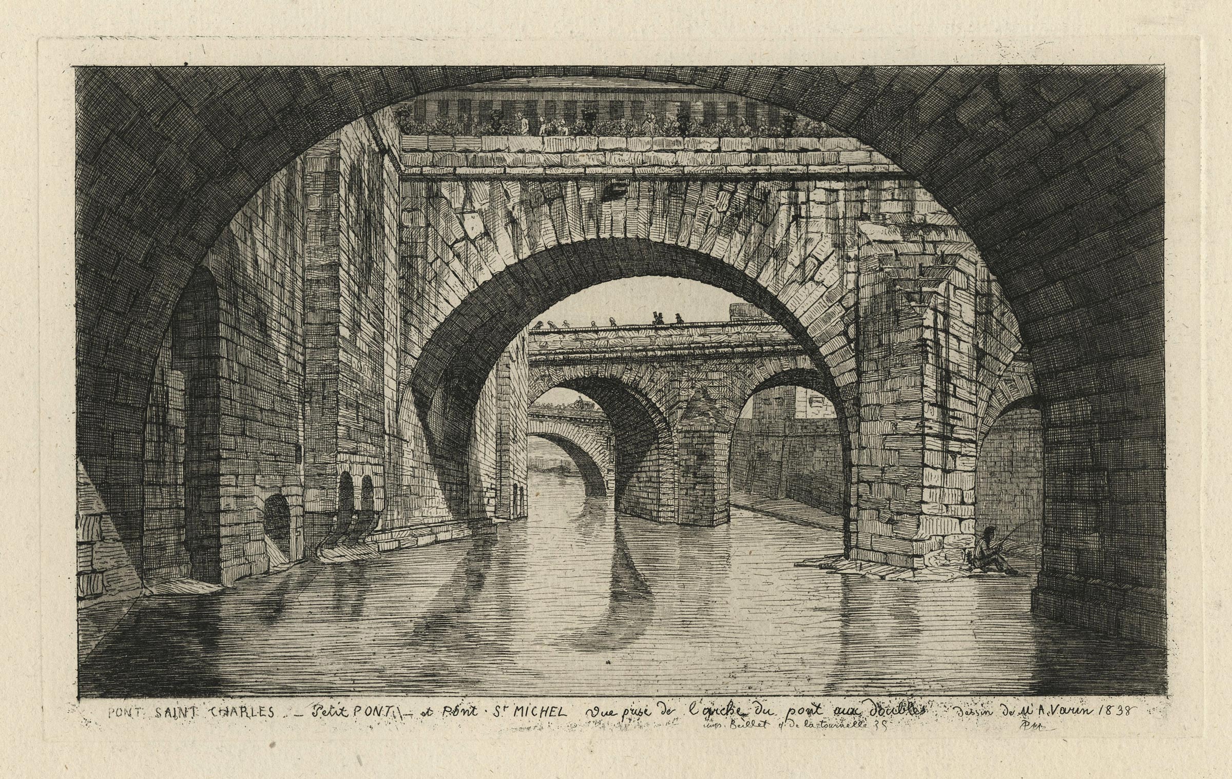 Adolphe Théodore Jules Martial POTÉMONT, Pont Saint-Charles, Petit Pont et Pont Saint, 1866, Planche de l’album L’Ancien Paris, édité par Cadart en 1866, Galerie Paul Prouté Paris