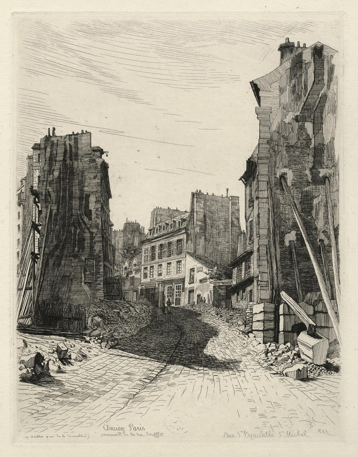 Adolphe Théodore Jules Martial POTÉMONT, Percement de la rue Soufflot, 1874, Planche de l’album Paris intime, 1874, Galerie Paul Prouté Paris