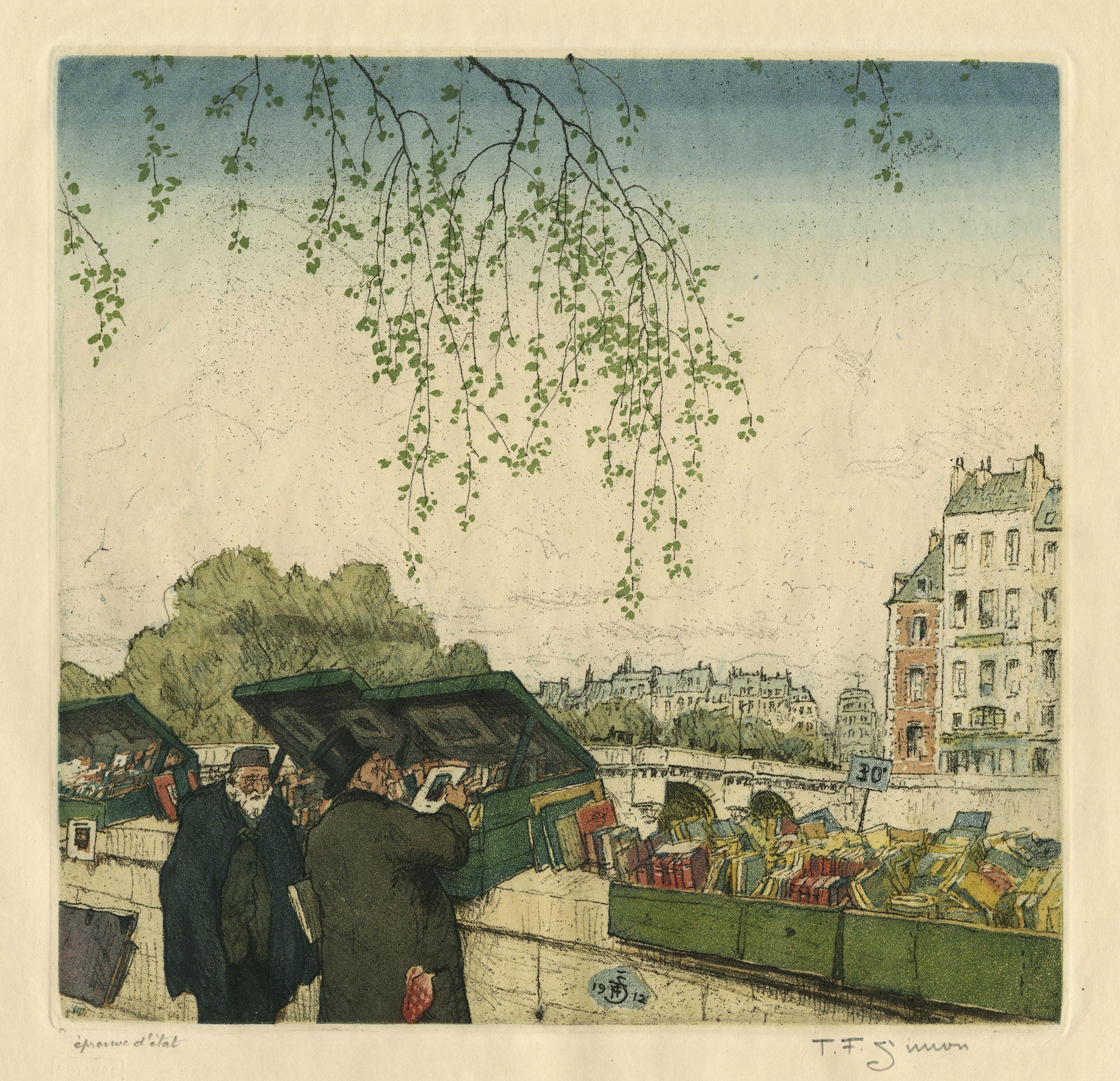 Tavik Frantisek SIMON, Les Bouquinistes au printemps, 1912, Gravure originale au vernis mou et aquatinte en couleurs, Galerie Paul Prouté Paris