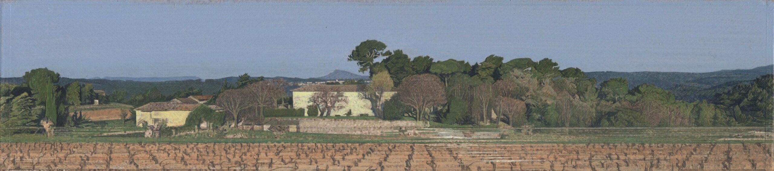 Jean-Michel BACQUET, Le Château de Selle, matin de fin d’hiver (domaine viticole à Taradeau dans le Var), 2011, Huile sur papier, Galerie Paul Prouté Paris