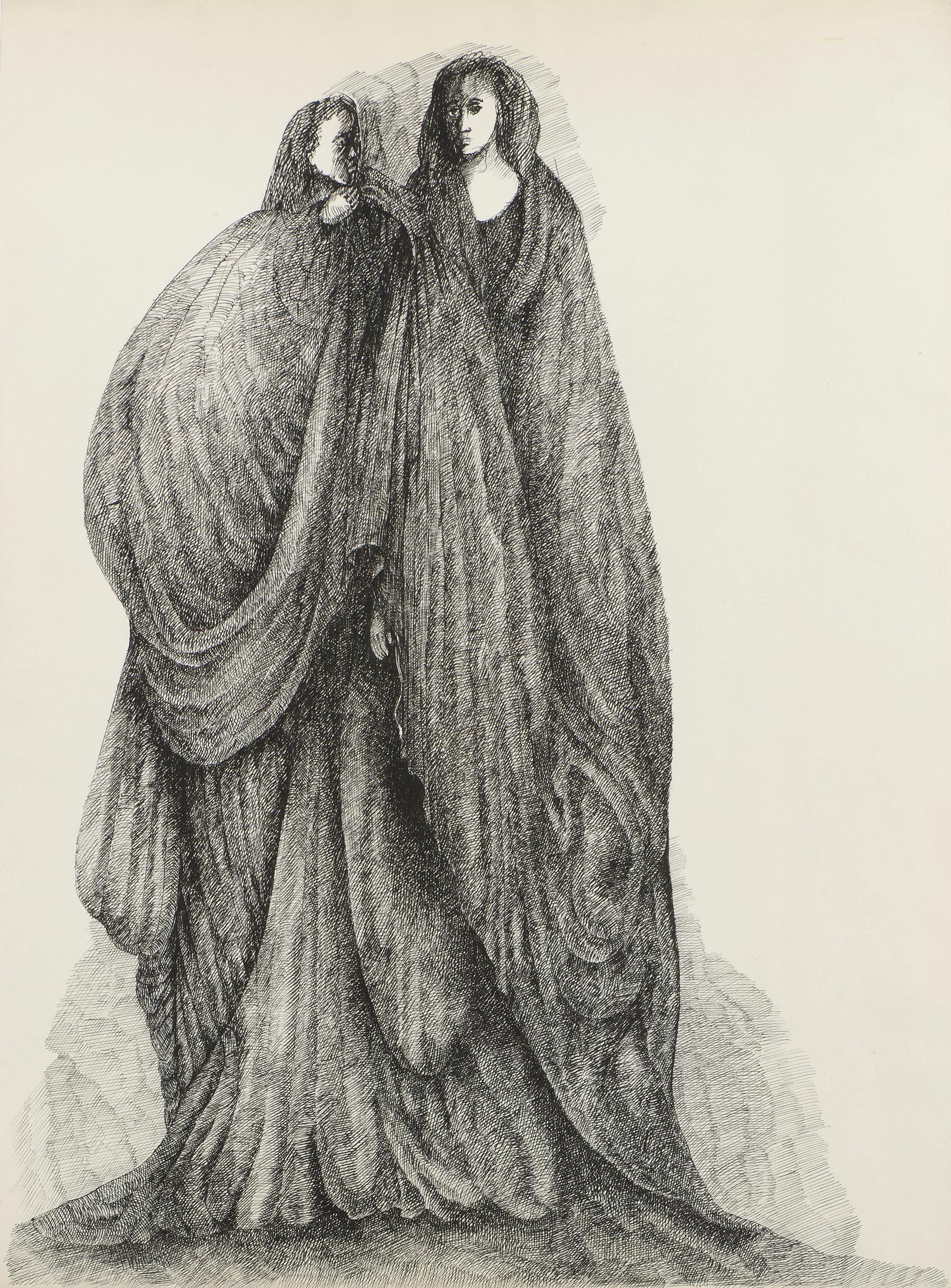 José QUIROGA, Deux grandes figures drapées, 1974, Plume et encre de Chine, Galerie Paul Prouté Paris