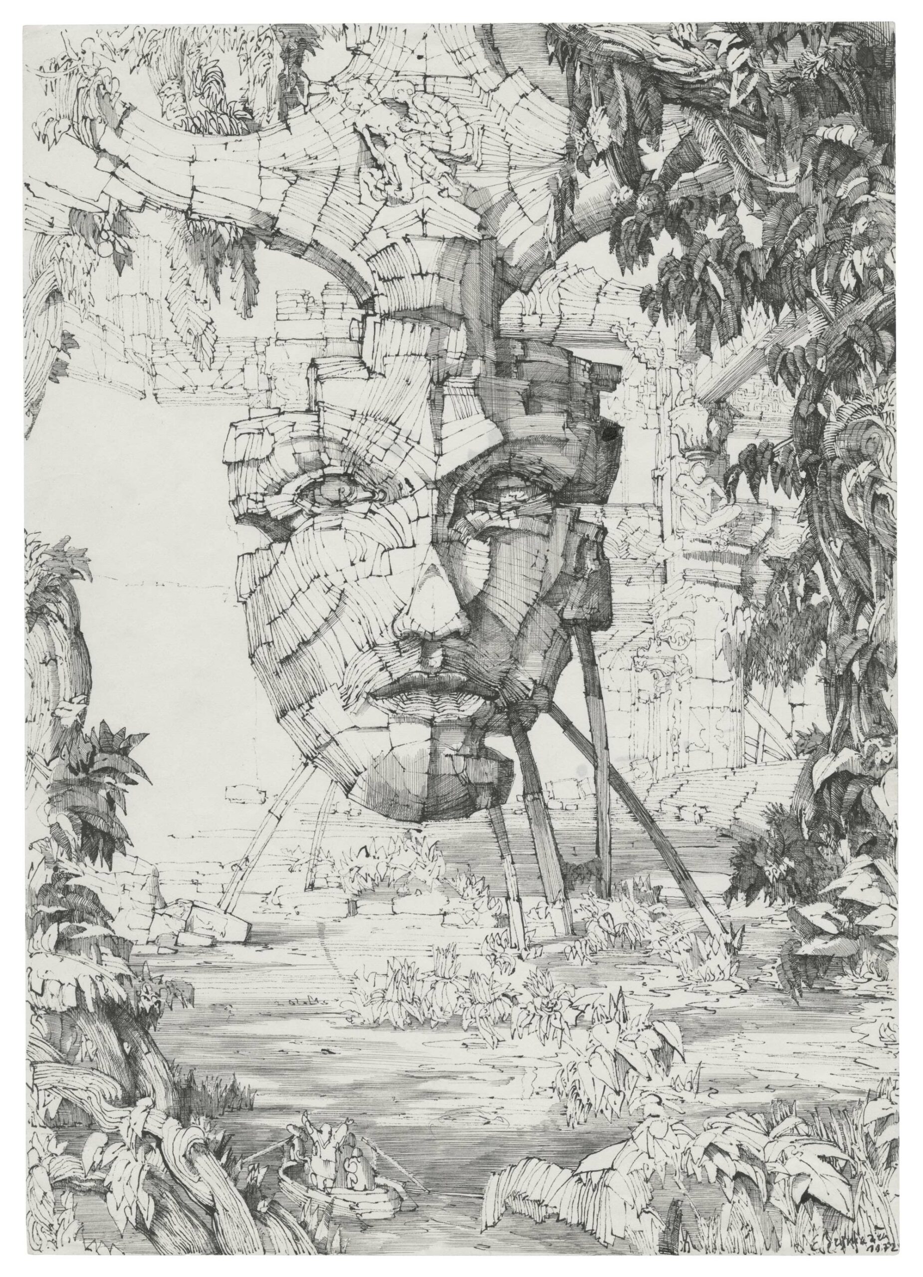 Erik DESMAZIÈRES, Le Temple dans la jungle, 1972, Plume et encre de Chine, Galerie Paul Prouté Paris