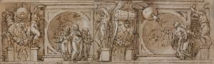 Frise en trompe-l'œil avec deux scènes représentant "Le sacrifice d'Isaac" et "Élie sur son char"