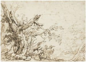 Paysage boisé avec deux figures s’éloignant sur un chemin