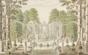 Projet de décor de théâtre avec un jardin