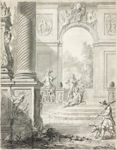 Grande composition avec chasseurs au repos à l’entrée d’un bâtiment ; sous une arcade, vue sur un château en haut d’une colline