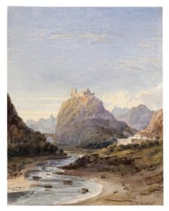 Paysage de montagne avec une citadelle surplombant une rivière