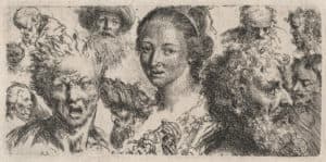 Buste de jeune femme entouré d’études de têtes d’hommes