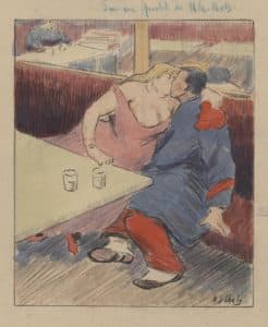 Le 27 ; au bistrot, couple s’embrassant