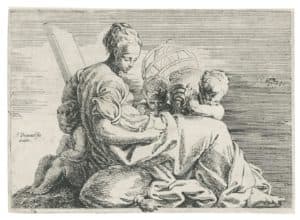 Une femme assise avec les attributs de l’astronomie