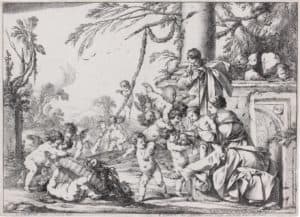 La Sainte Famille servie par les anges avec la corbeille renversée