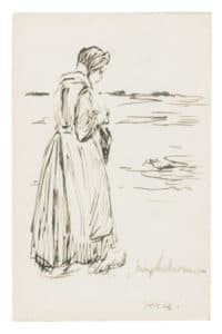 Bergère tricotant devant la mer