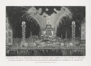 Vue perspective de la décoration et du feu d’artifice tiré à l’Hôtel de Ville de Paris… à l’occasion de la naissance de Monseigneur le Dauphin le 21 Janvier 1782