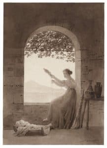Scène troubadour : jeune femme tissant auprès de son nourrisson