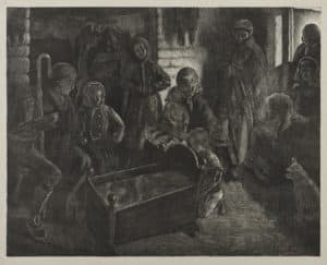 Famille en deuil autour d'un berceau vide