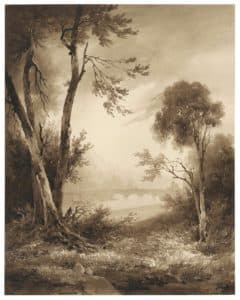 Paysage boisé avec aqueduc au loin
