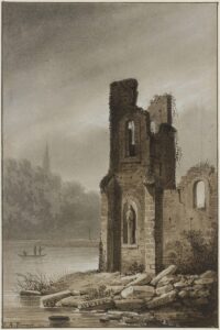 Paysage lacustre avec une église en ruine