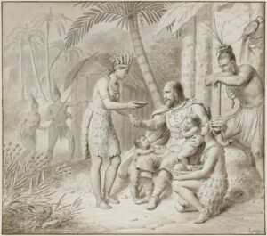 Une famille d’indiens d’Amérique accueillant un chevalier chrétien