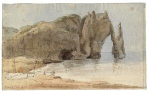 L’Aiguille et les falaises d’Étretat vues de la plage