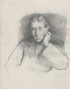 Portrait d’homme, en buste, assis, vu de face, main sur la joue