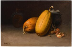 Nature morte aux courges, oignons, marmite et bouteille